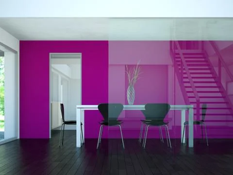 Modern dining room interior design big table behind glas Stock Illustration