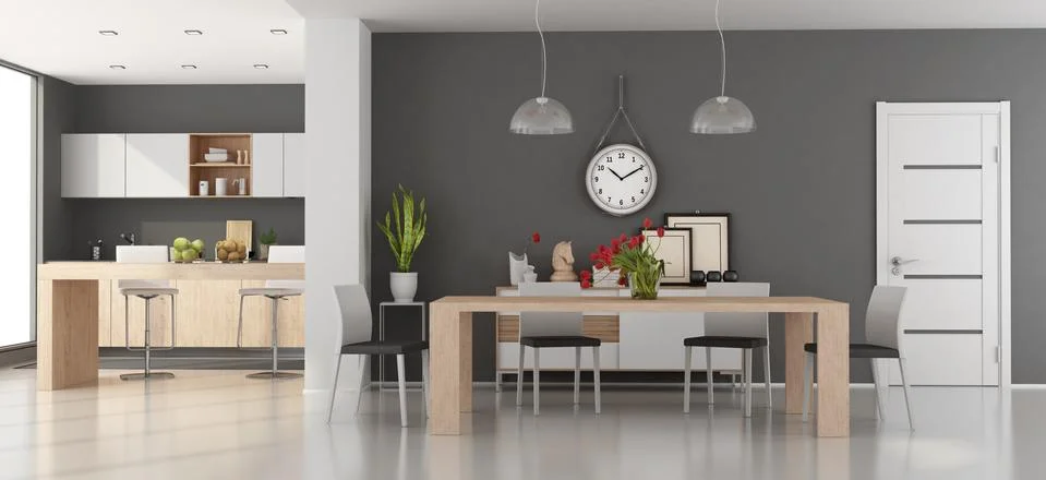 Modern dining room with kitchen Stock Illustration