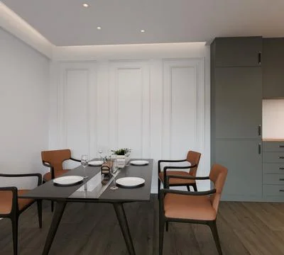 Modern dining room with a sleek dark table set for four, surrounded by four Illustration