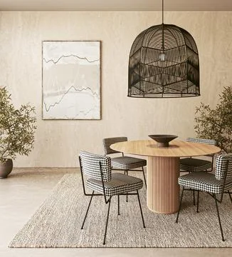 Modern dining room with stylish houndstooth chairs and large black pendant light Ilustración de archivo