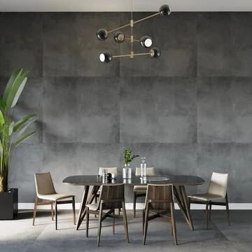 Modern dining room with table and chairs in front of the black wall, 3d render Stock Illustration