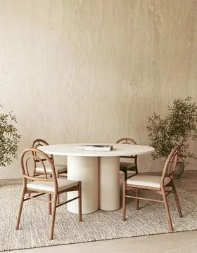 Modern dining room with white round table, bentwood chairs and abstract painting 스톡 일러스트