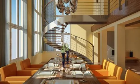 Modern dining room with wide windows and spiral staircase. Stock Illustration