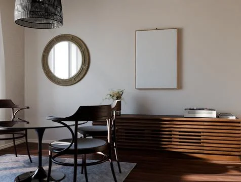 A modern dining space features a round table, dark chairs, a wooden console.. Illustration