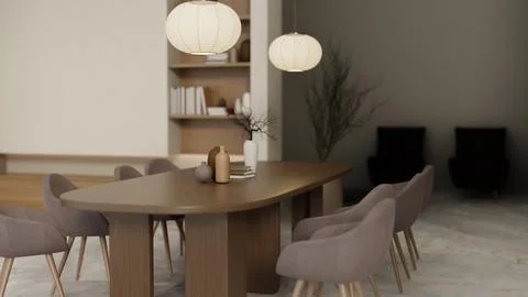 Modern dining table with paper pendant lamps and beige chairs. Иллюстрация