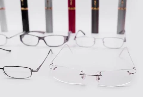 Modern dioptrical frames for plastic and metal glasses with cases Stock Photos