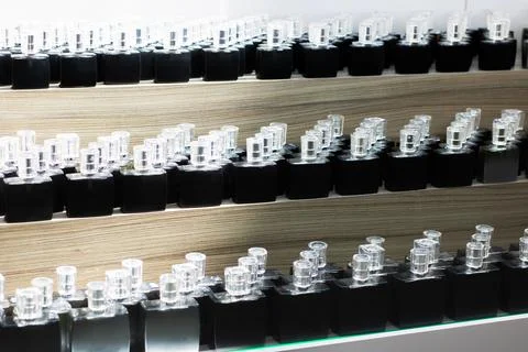 A Modern Display Featuring Lab Sample Vials Organized on Shelves 스톡 사진