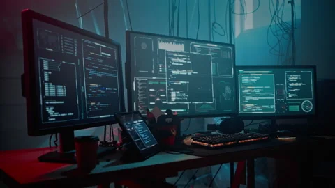 Modern displays demonstrating various forms of code in room Stock Footage 257385152
