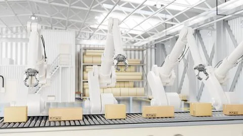 A modern distribution warehouse with modern robot arms and cardboard boxes .. Stock Illustration
