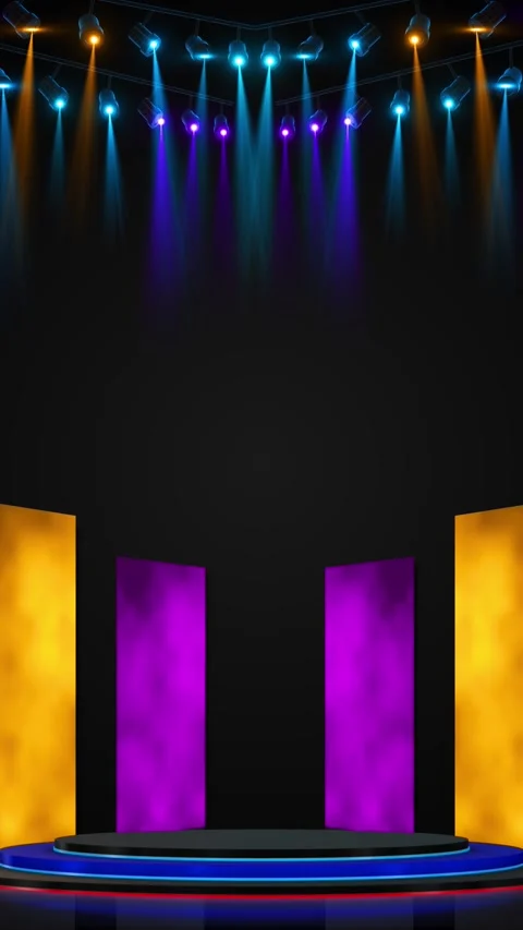 Modern DJ stage light background colorful spotlights, glowing platform, dark con Stock Footage 340478770
