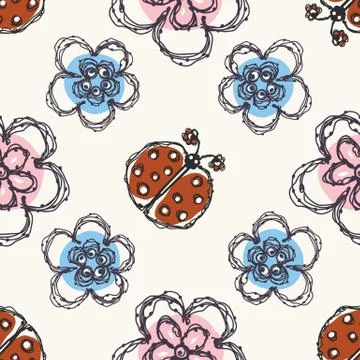 Modern Doodle Daisy and Ladybug Seamless Pattern. Hand Drawn Scribble Flower Illustrazione stock