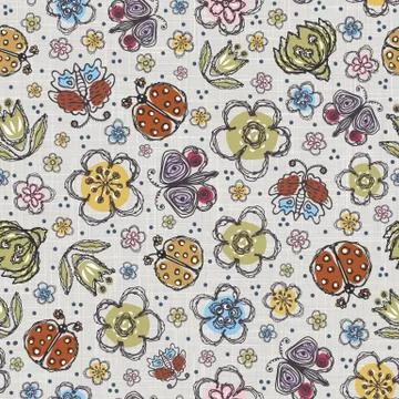 Modern Doodle Daisy and Ladybug Seamless Pattern. Hand Drawn Scribble Flower Illustrazione stock
