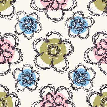 Modern Doodle Daisy Seamless Pattern. Hand Drawn Scribble Flower Repeat . Dot Stock Illustration