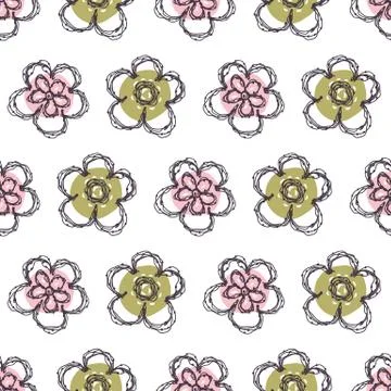 Modern Doodle Daisy Seamless Pattern. Hand Drawn Scribble Flower Repeat . Dot Stock Illustration