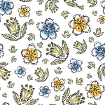 Modern Doodle Daisy Seamless Pattern. Hand Drawn Scribble Flower Repeat . Dot Stock Illustration
