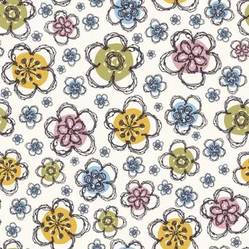 Modern Doodle Daisy Seamless Pattern. Hand Drawn Scribble Flower Repeat . Dot Stock Illustration