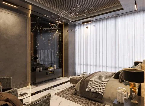 Modern double bed interior design with luxurious interior design will furni.. Illustrazione stock