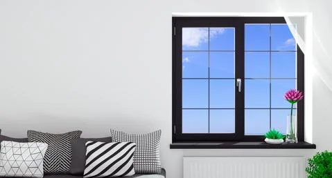 Modern double black window in the interior Stock Photos