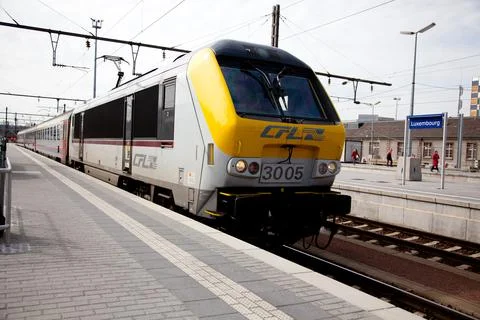 A modern double deck commuter train at Luxembourg station Stock Photos