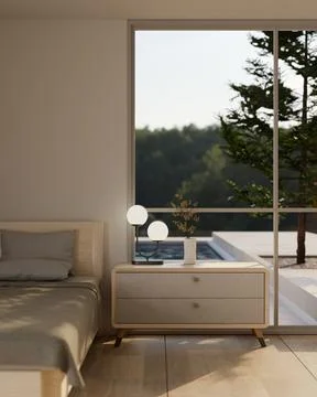 A modern drawer or bedside table against the window in a modern, cosy bedroom 스톡 일러스트