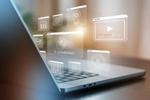 Modern e learning tools displayed on a laptop with different icons representing Stock Photos