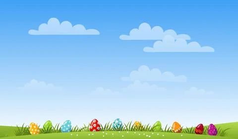 Modern easter background with place for text, decorated eggs on the grass Stock Illustration