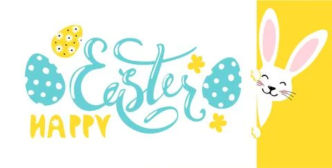 Modern easter banner. Happy Easter wish, decorated eggs, cute bunny. Hand Illustrazione stock
