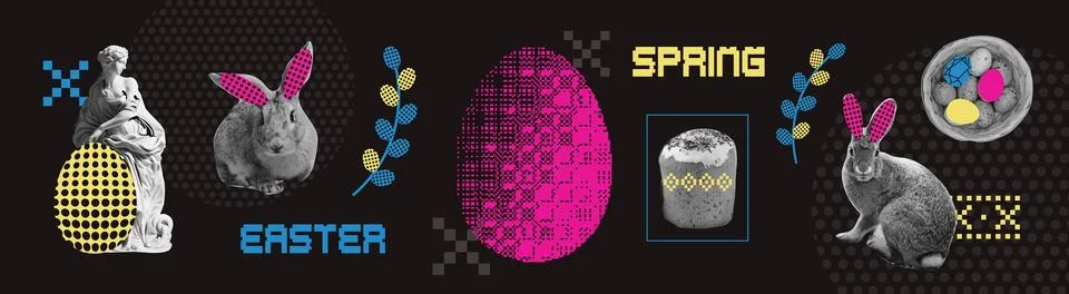 Modern Easter collage with neo-folk bunny and halftone eggs in dot matrix s.. Illustrazione stock