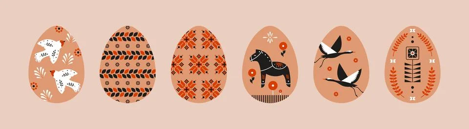 Modern Easter eggs. Cartoon egg decoration with Ukrainian pattern design, flower Stock Illustration