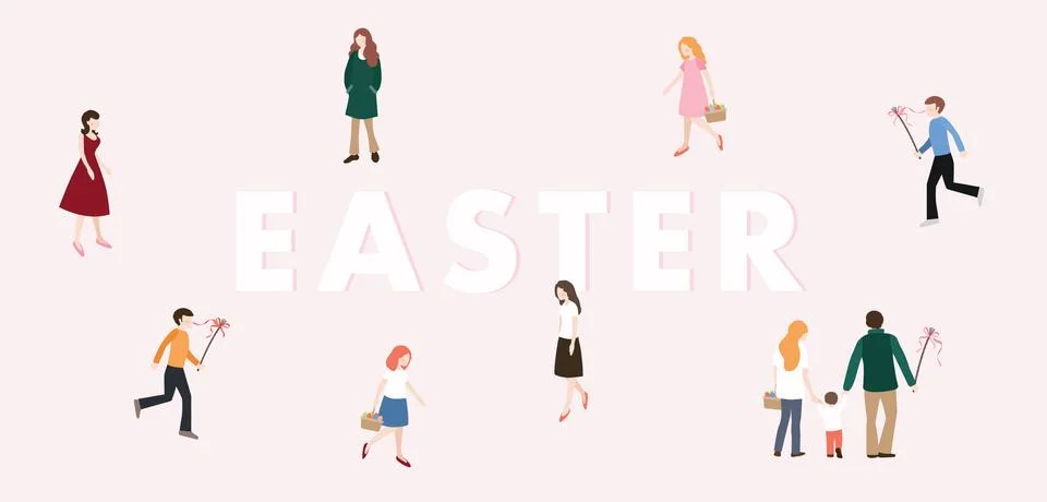 Modern Easter web banner. Boys with whip chasing the girls with colorful Easter Stock Illustration
