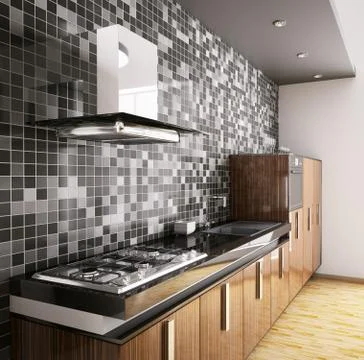 Modern ebony wood kitchen interior 3d Stock Illustration
