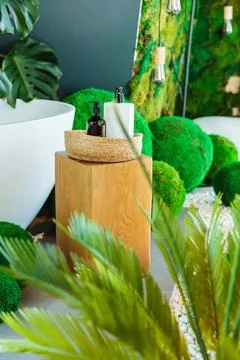 Modern eco-bathroom with spa elements and green decor Stock Photos