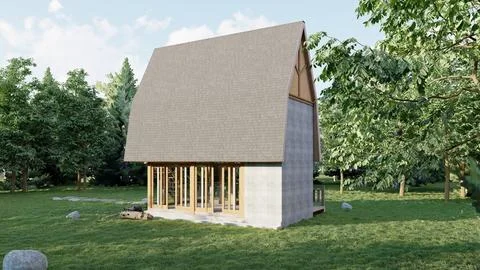 Modern Eco-Friendly Tiny House Architectural 3D Rendering in Forest イラスト素材