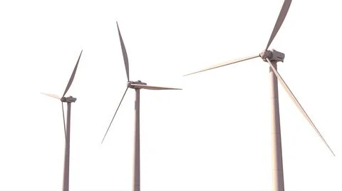 Modern ecologic wind mills on white backdrop, fictitious Stock Illustration