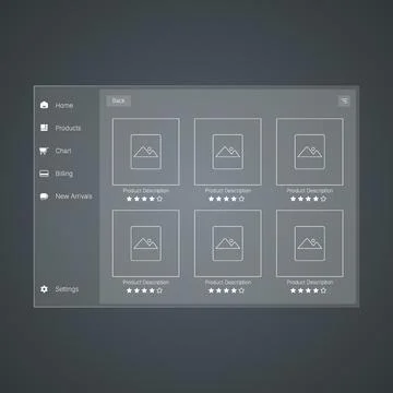 Modern ecommerce product grid web UI with sidebar navigation layout Stock Illustration