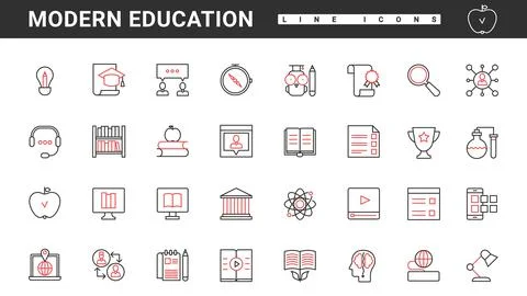 Modern education technology, digital lessons and library, thin red black line Ilustración de archivo