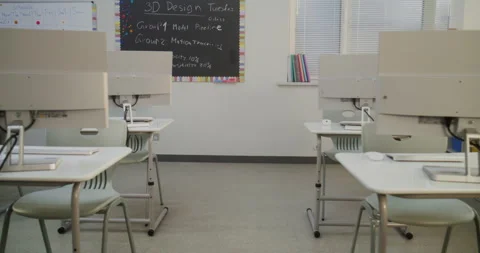 Modern Educational Space with Computer Desks, White Monitors. Computer Science Stock Footage 316292026