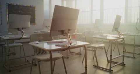 Modern Educational Space with Computer Desks, White Monitors. Computer Science Stock Footage 316301844