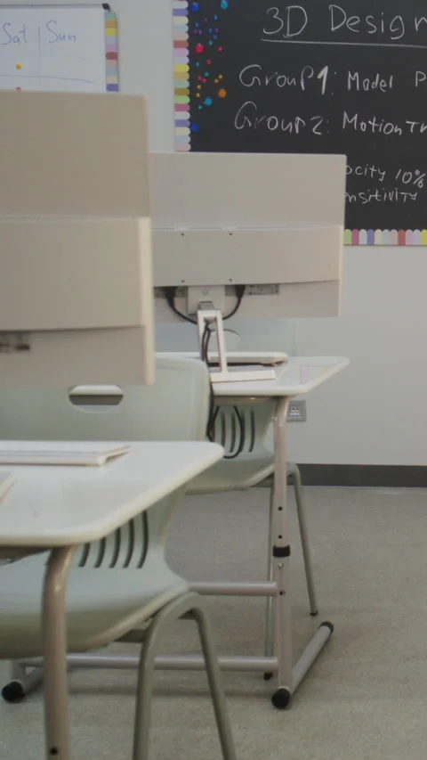 Modern Educational Space with Computer Desks, White Monitors. Computer Science Stock Footage 317161168