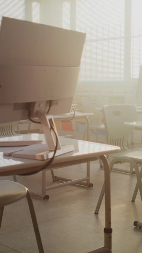 Modern Educational Space with Computer Desks, White Monitors. Computer Science Stock Footage 317170109