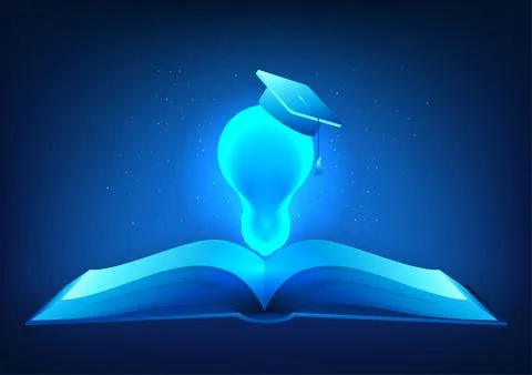 Modern educational technology Book with light bulb and graduation cap It re.. Stockillustratie