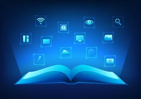 Modern educational technology Books connected with technology icons represe.. Illustration