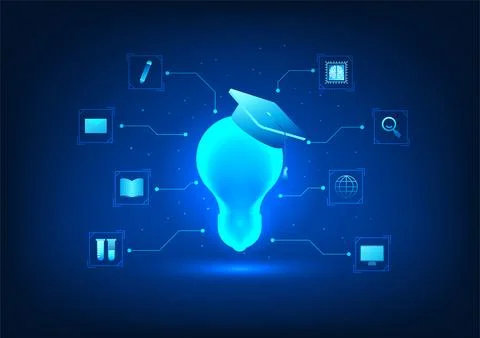 Modern educational technology Light bulb and degree cap connected icon It r.. Stockillustratie