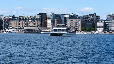 Modern electric boat with zero emissions in Oslo, Norway. Distant view Stock Footage 246791724