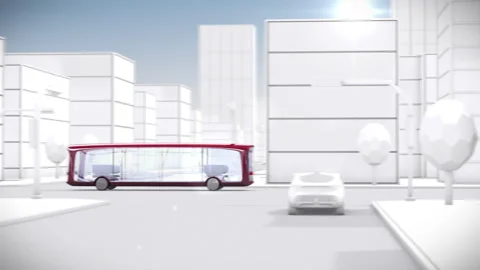 Modern Electric Bus Driving Through a Futuristic Smart City Stock Footage 293141774