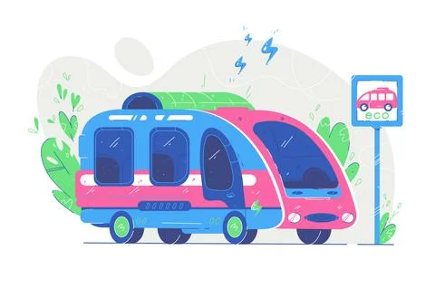 Modern electric bus at stop Stock Illustration