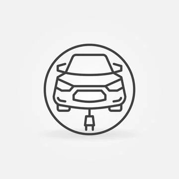 Modern Electric Car with Plug linear vector round icon Stock Illustration