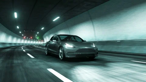 Modern Electric car rides trough tunnel with Gray Cyan light style Stock Footage