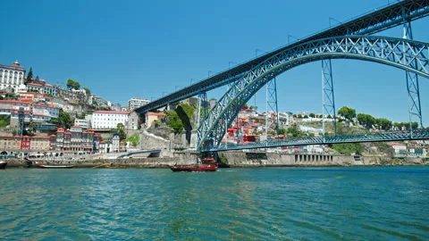 Modern Electric Metro Train on Ponte Luís I Bridge in Porto, Portugal, Europe. Stock Footage 169668050