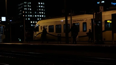 Modern electric train departures on platform of railway station on a night dusk. Stock-Footage 124913047